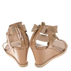 Fendi Beige Patent Leather And Elastic T-Strap Wedge Espadrille Sandals Size 39