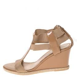 Fendi Beige Patent Leather And Elastic T-Strap Wedge Espadrille Sandals Size 39