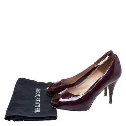 Pre Owned Fendi Burgundy Patent Leather FF Heels Peep Toe Platform Pumps Size 37.5