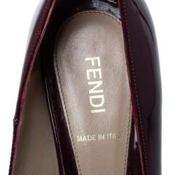 Pre Owned Fendi Burgundy Patent Leather FF Heels Peep Toe Platform Pumps Size 37.5