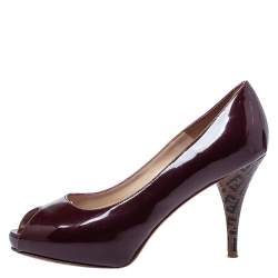 Pre Owned Fendi Burgundy Patent Leather FF Heels Peep Toe Platform Pumps Size 37.5