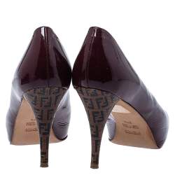 Pre Owned Fendi Burgundy Patent Leather FF Heels Peep Toe Platform Pumps Size 37.5