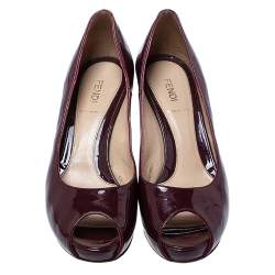 Pre Owned Fendi Burgundy Patent Leather FF Heels Peep Toe Platform Pumps Size 37.5