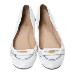 Pre Owned Fendi White Leather Logo Plaque Loafer Ballet Flats Size 40