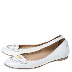 Pre Owned Fendi White Leather Logo Plaque Loafer Ballet Flats Size 40