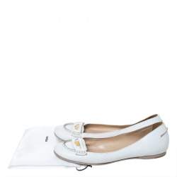 Pre Owned Fendi White Leather Logo Plaque Loafer Ballet Flats Size 40