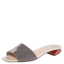 Pre Owned Fendi Grey Patent Leather Slide Sandals Size 37