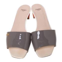 Pre Owned Fendi Grey Patent Leather Slide Sandals Size 37