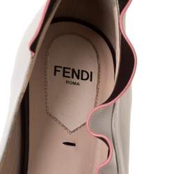 Pre Owned Fendi Grey Leather Ruffle Trim Ballet Flats Size 36.5
