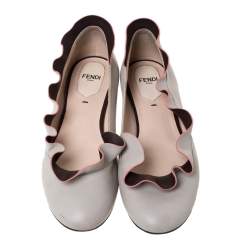 Pre Owned Fendi Grey Leather Ruffle Trim Ballet Flats Size 36.5
