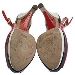 Fendi Tricolor Patent Leather Decollete Slingback FF Wedge Sandals Size 38 