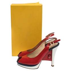 Fendi Tricolor Patent Leather Decollete Slingback FF Wedge Sandals Size 38 