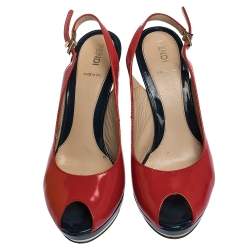 Fendi Tricolor Patent Leather Decollete Slingback FF Wedge Sandals Size 38 