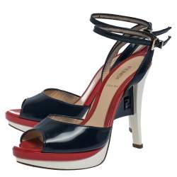 Pre Owned Fendi Tricolor Patent Leather Slingback Platform Sandals Size 36