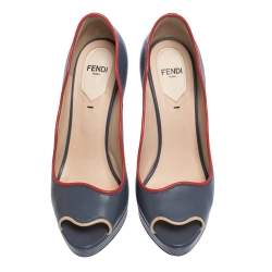 Pre Owned Fendi Mineral Alloy Lizard Embossed and Leather Scalloped Peep Toe Platform Pumps Size 36.5