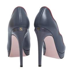 Pre Owned Fendi Mineral Alloy Lizard Embossed and Leather Scalloped Peep Toe Platform Pumps Size 36.5