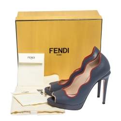 Pre Owned Fendi Mineral Alloy Lizard Embossed and Leather Scalloped Peep Toe Platform Pumps Size 36.5