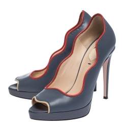 Pre Owned Fendi Mineral Alloy Lizard Embossed and Leather Scalloped Peep Toe Platform Pumps Size 36.5