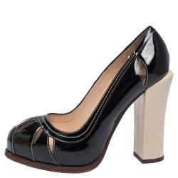 Pre Owned Fendi Black/Cream Patent Cut Out And Lizard Embossed Heel Platform Pumps Size 38