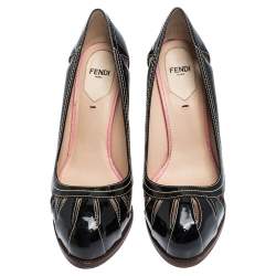 Pre Owned Fendi Black/Cream Patent Cut Out And Lizard Embossed Heel Platform Pumps Size 38