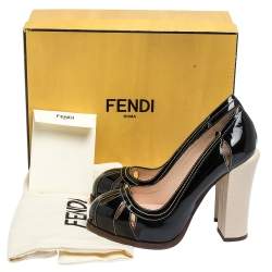 Pre Owned Fendi Black/Cream Patent Cut Out And Lizard Embossed Heel Platform Pumps Size 38