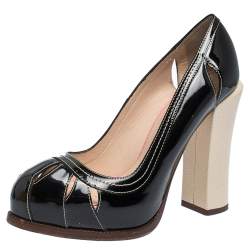 Pre Owned Fendi Black/Cream Patent Cut Out And Lizard Embossed Heel Platform Pumps Size 38