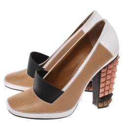 Pre Owned Fendi Multicolor Lizard Embossed Leather and Fabric Polifonia Court Studded Heel Pumps Size 38