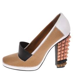 Pre Owned Fendi Multicolor Lizard Embossed Leather and Fabric Polifonia Court Studded Heel Pumps Size 38