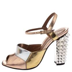 Pre Owned Fendi Metallic Multicolor Leather Polifonia Ankle Strap Sandals Size 37