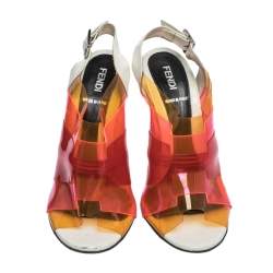 Pre Owned Fendi Multicolor PVC And White Patent Slingback Sandals Size 38