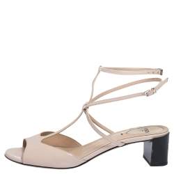 Pre Owned Fendi Pink Patent Leather T Bar Monster Eye Block Heel Sandals Size 40