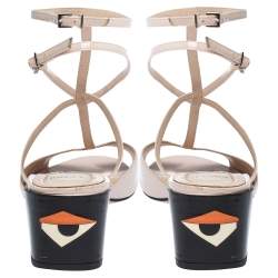 Pre Owned Fendi Pink Patent Leather T Bar Monster Eye Block Heel Sandals Size 40