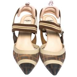 Pre Owned Fendi Multicolor Mesh, Canvas And Leather Colibri Slingback Sandals Size 38.5