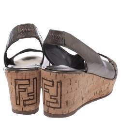 Pre Owned Fendi Brown FF Canvas And Metallic Bronze Leather Cork Wedge Platform Sandals Size 38
