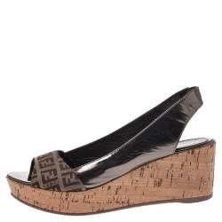 Pre Owned Fendi Brown FF Canvas And Metallic Bronze Leather Cork Wedge Platform Sandals Size 38