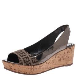 Pre Owned Fendi Brown FF Canvas And Metallic Bronze Leather Cork Wedge Platform Sandals Size 38