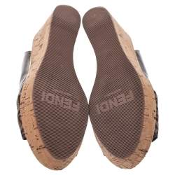 Pre Owned Fendi Brown FF Canvas And Metallic Bronze Leather Cork Wedge Platform Sandals Size 38