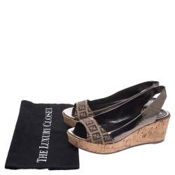 Pre Owned Fendi Brown FF Canvas And Metallic Bronze Leather Cork Wedge Platform Sandals Size 38