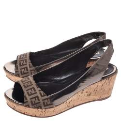 Pre Owned Fendi Brown FF Canvas And Metallic Bronze Leather Cork Wedge Platform Sandals Size 38