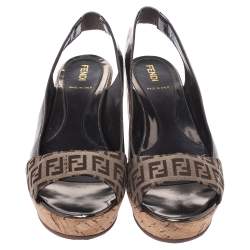 Pre Owned Fendi Brown FF Canvas And Metallic Bronze Leather Cork Wedge Platform Sandals Size 38