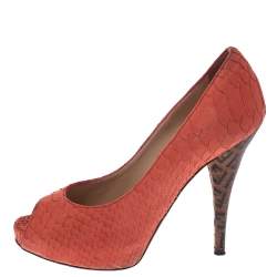 Pre Owned Fendi Orange Python Embossed Leather Peep Toe Platform Pumps Size 36.5