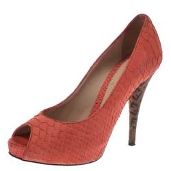 Pre Owned Fendi Orange Python Embossed Leather Peep Toe Platform Pumps Size 36.5