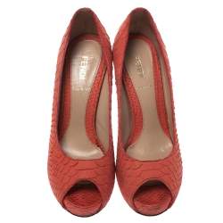 Pre Owned Fendi Orange Python Embossed Leather Peep Toe Platform Pumps Size 36.5
