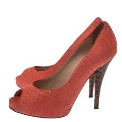 Pre Owned Fendi Orange Python Embossed Leather Peep Toe Platform Pumps Size 36.5