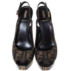 Pre Owned Fendi Tobacco Zucca Canvas Fendista Platform Slingback Sandals Size 39.5
