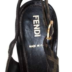 Pre Owned Fendi Tobacco Zucca Canvas Fendista Platform Slingback Sandals Size 39.5