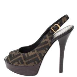 Pre Owned Fendi Tobacco Zucca Canvas Fendista Platform Slingback Sandals Size 39.5