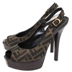 Pre Owned Fendi Tobacco Zucca Canvas Fendista Platform Slingback Sandals Size 39.5