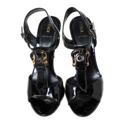 Fendi Black Patent Leather Tortoise B Buckle Ankle Strap Sandals Size 39