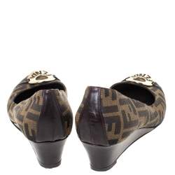 Pre Owned Fendi Brown Zucca Canvas Wedge Pumps Size 40.5